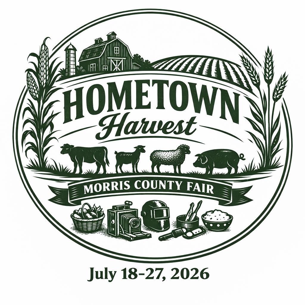 Hometown Harvest Morris County Fair logo featuring a farm scene with crops, livestock, and symbols representing fair exhibits including photography, visual arts, and food products. 